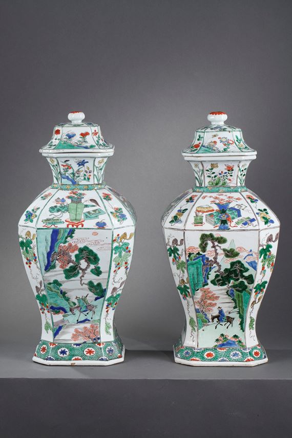 Pair of porcelain Famille Verte large vases and covers, finely painted with landscape and figures with flowers birds and lotus | MasterArt